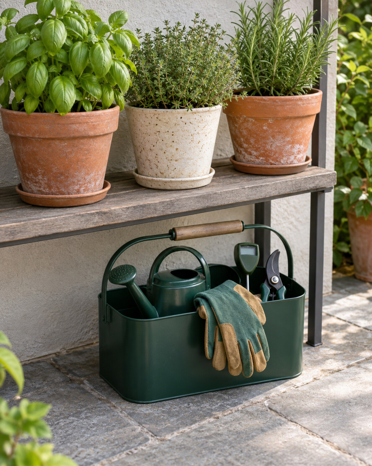 Slim handled garden caddy holding a small watering can, gloves, and hand tools beside planters