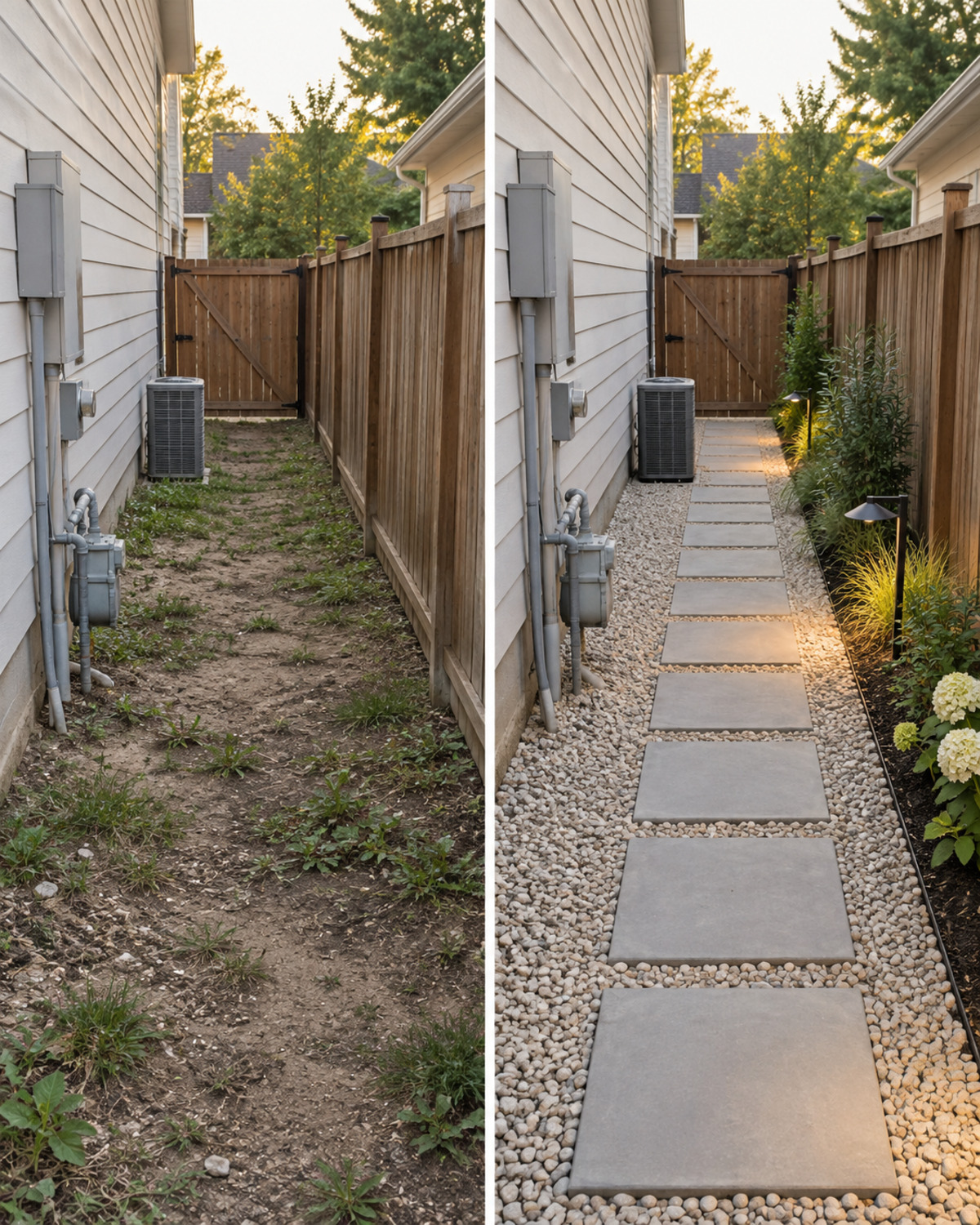 Side-by-side view of the same narrow side yard before improvement and after adding gravel, pavers, plants, and lights
