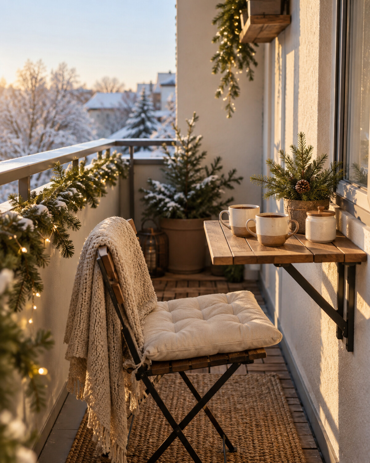 Small balcony morning coffee corner with a wall-mounted folding table, two mugs, one chair, and evergreen accents