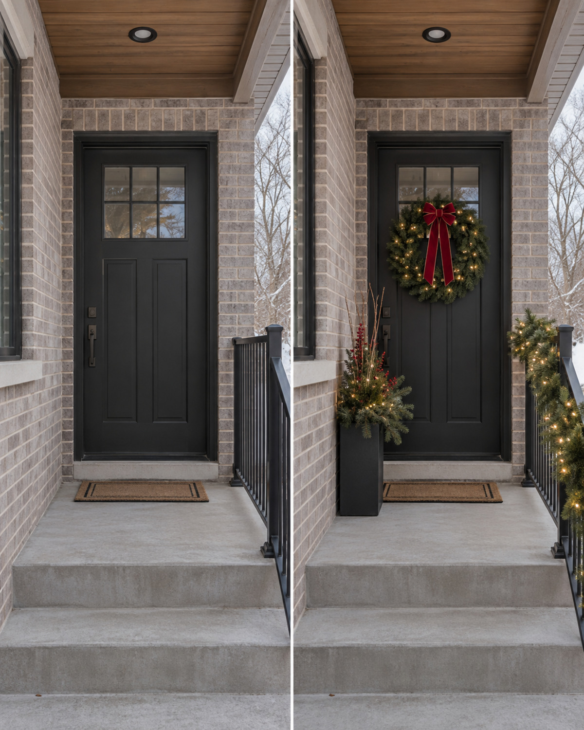 Side-by-side view of the same small porch before decorating and after adding a wreath, planter, greenery, and lights