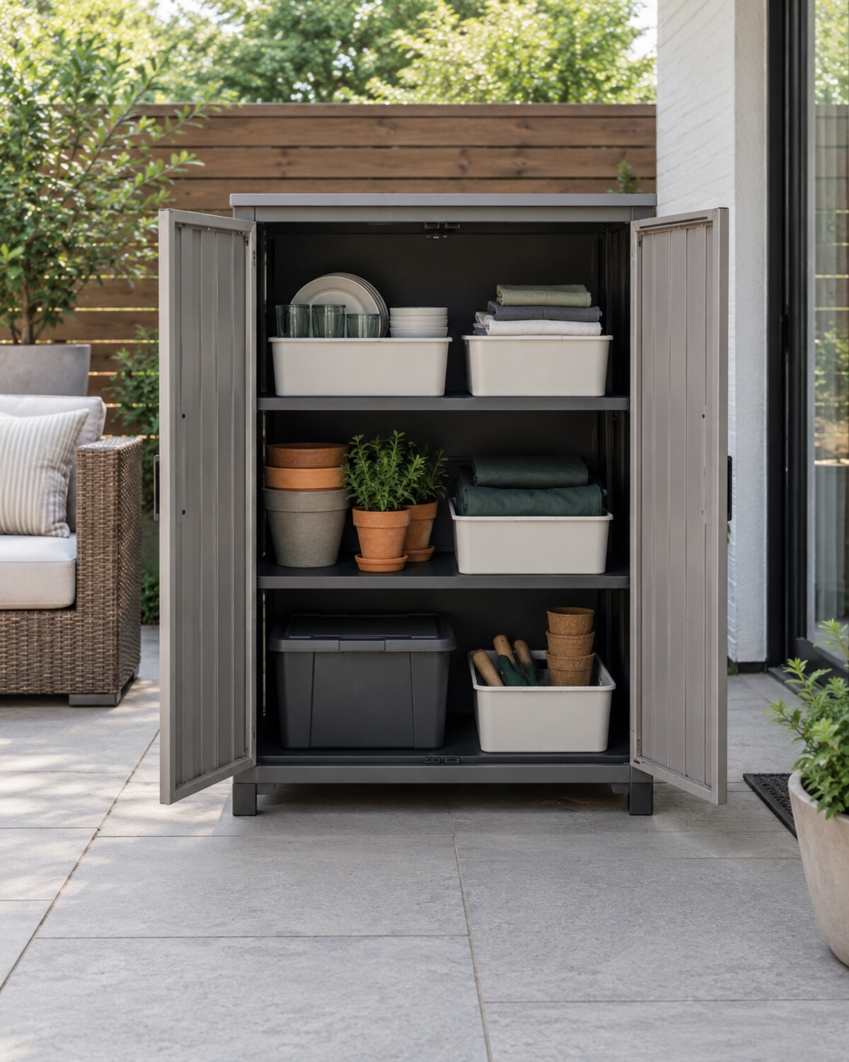 Open outdoor cabinet with coordinated interior bins grouping patio supplies by use