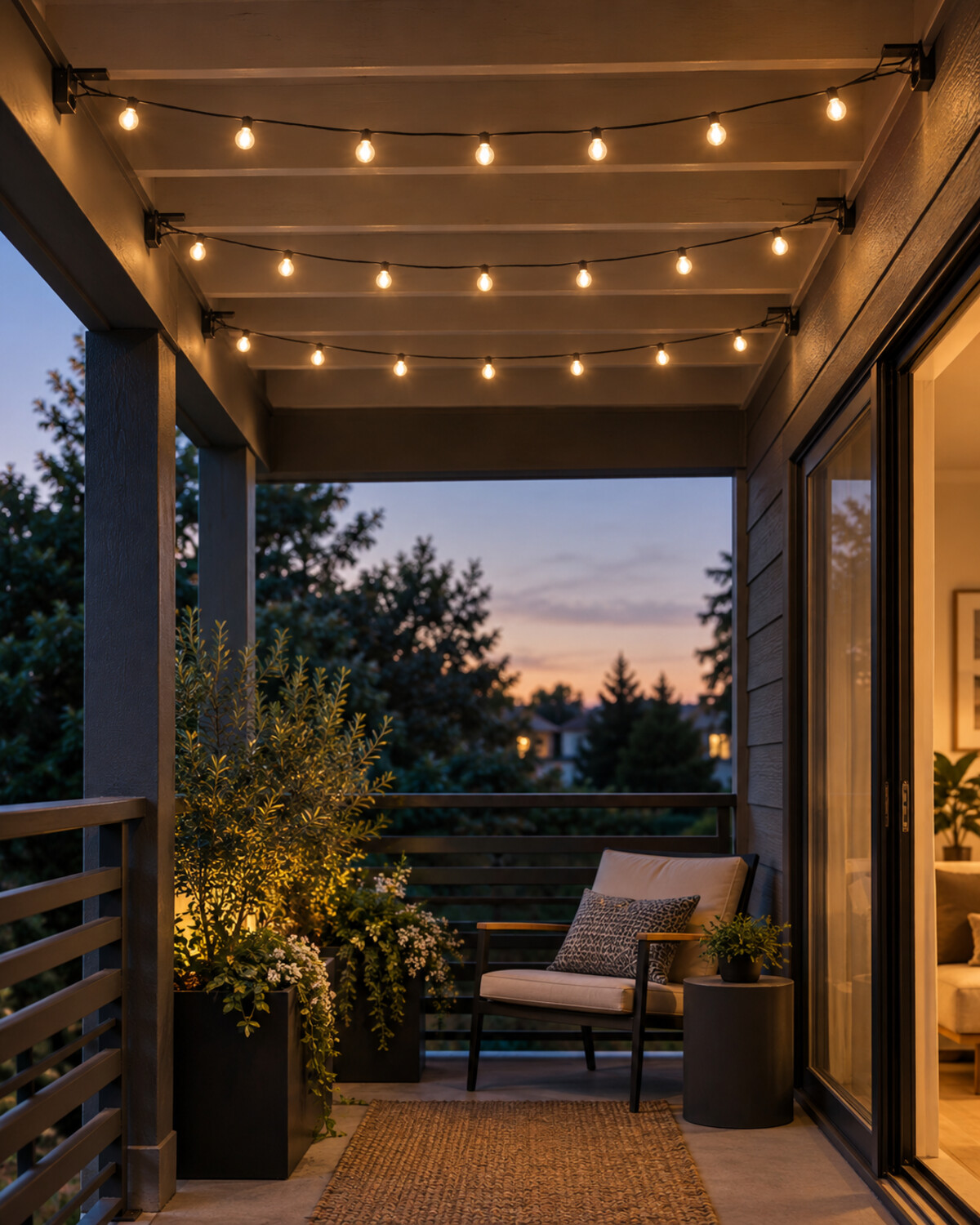 Three neat strands of warm outdoor lights secured to existing overhead points on a covered balcony