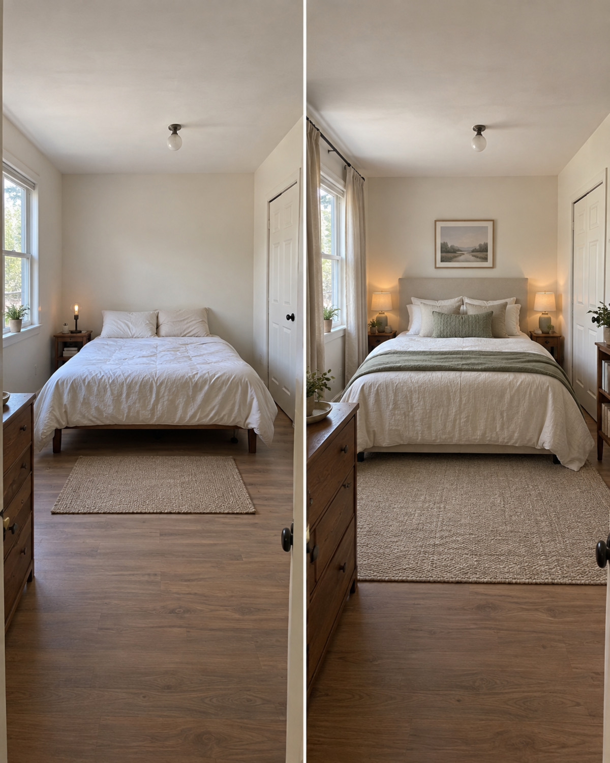 Side-by-side view of the same rental bedroom before and after portable decor upgrades