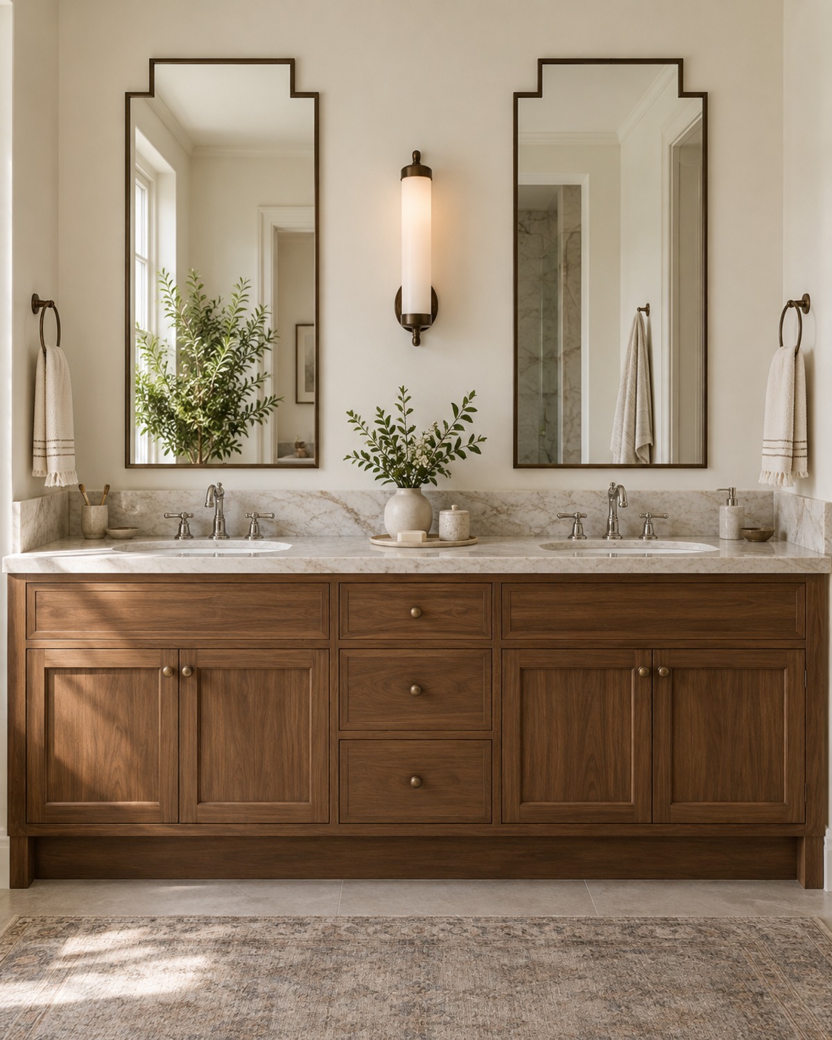 Walnut double vanity with two tall stepped mirrors, a central opal sconce, pale stone backsplash, and chrome faucets