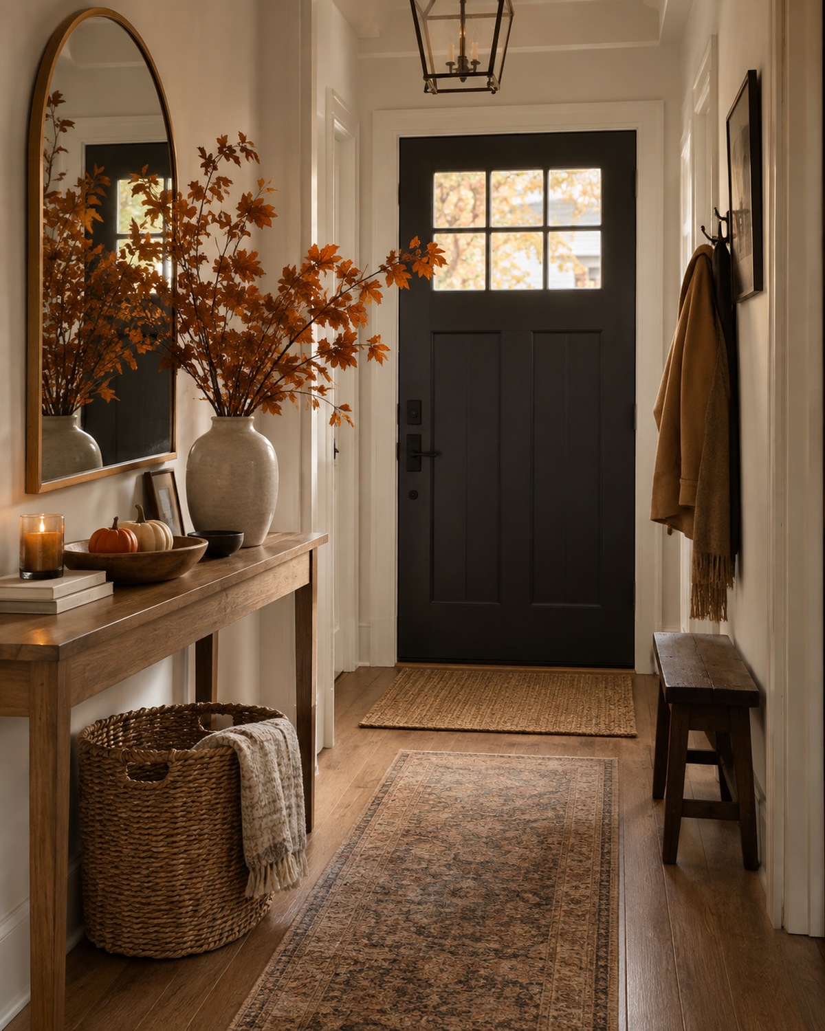create a Warm Fall Corner With Art and Natural Texture, shown in a realistic HomeTrendora-style room