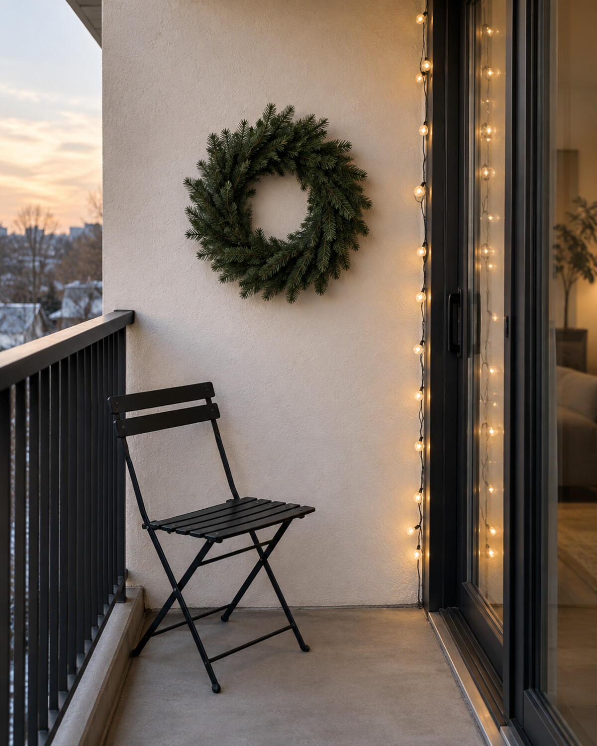 Extremely small balcony with one plain evergreen wreath, one short strand of warm lights, and a black folding chair