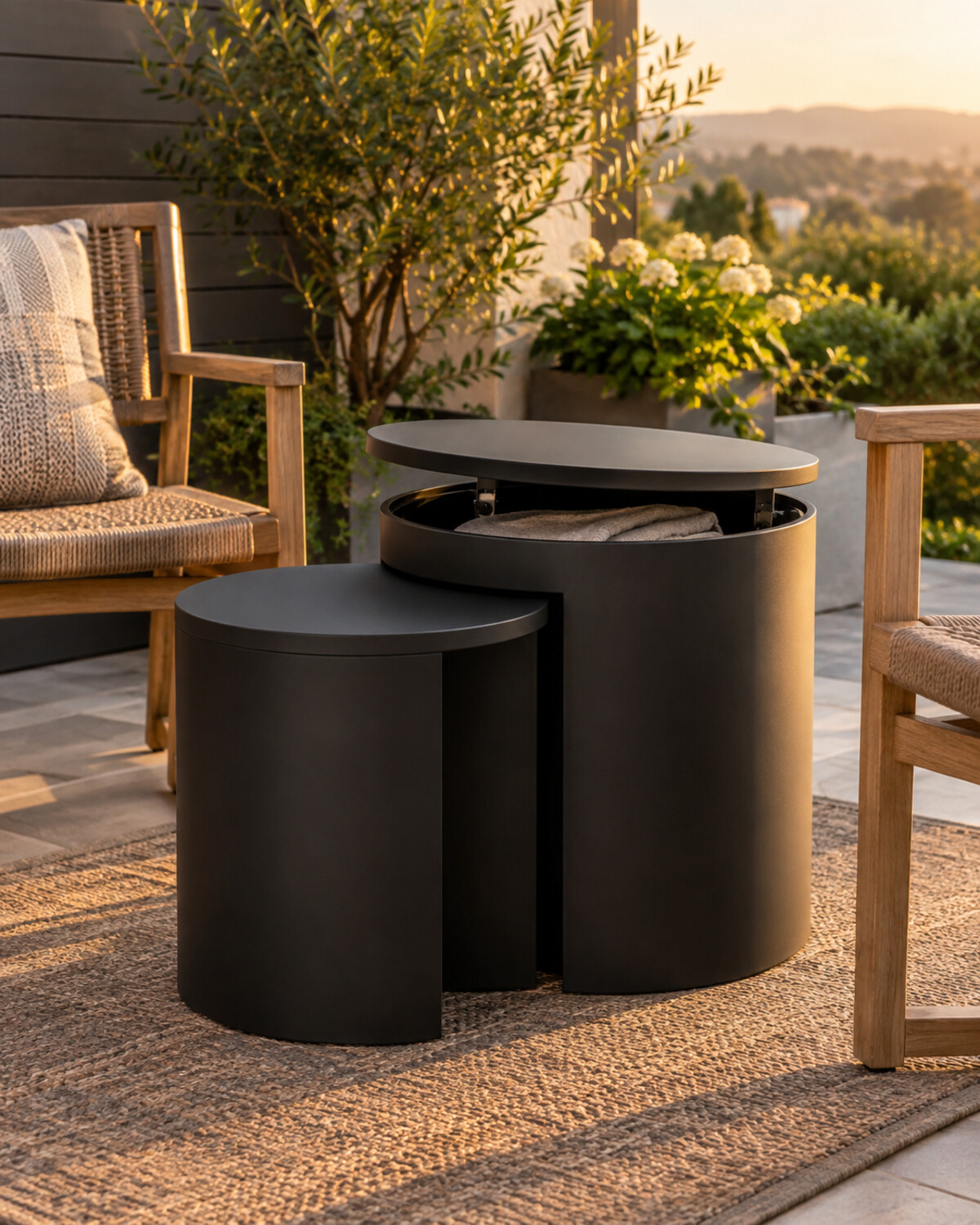 Two nesting outdoor side tables with one lift-top hidden storage compartment beside patio chairs