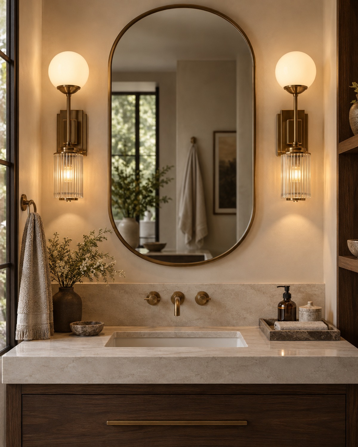 Simple bathroom vanity with sculptural opal globe sconces, ribbed-glass shades, stepped brass backplates, and a plain mirror