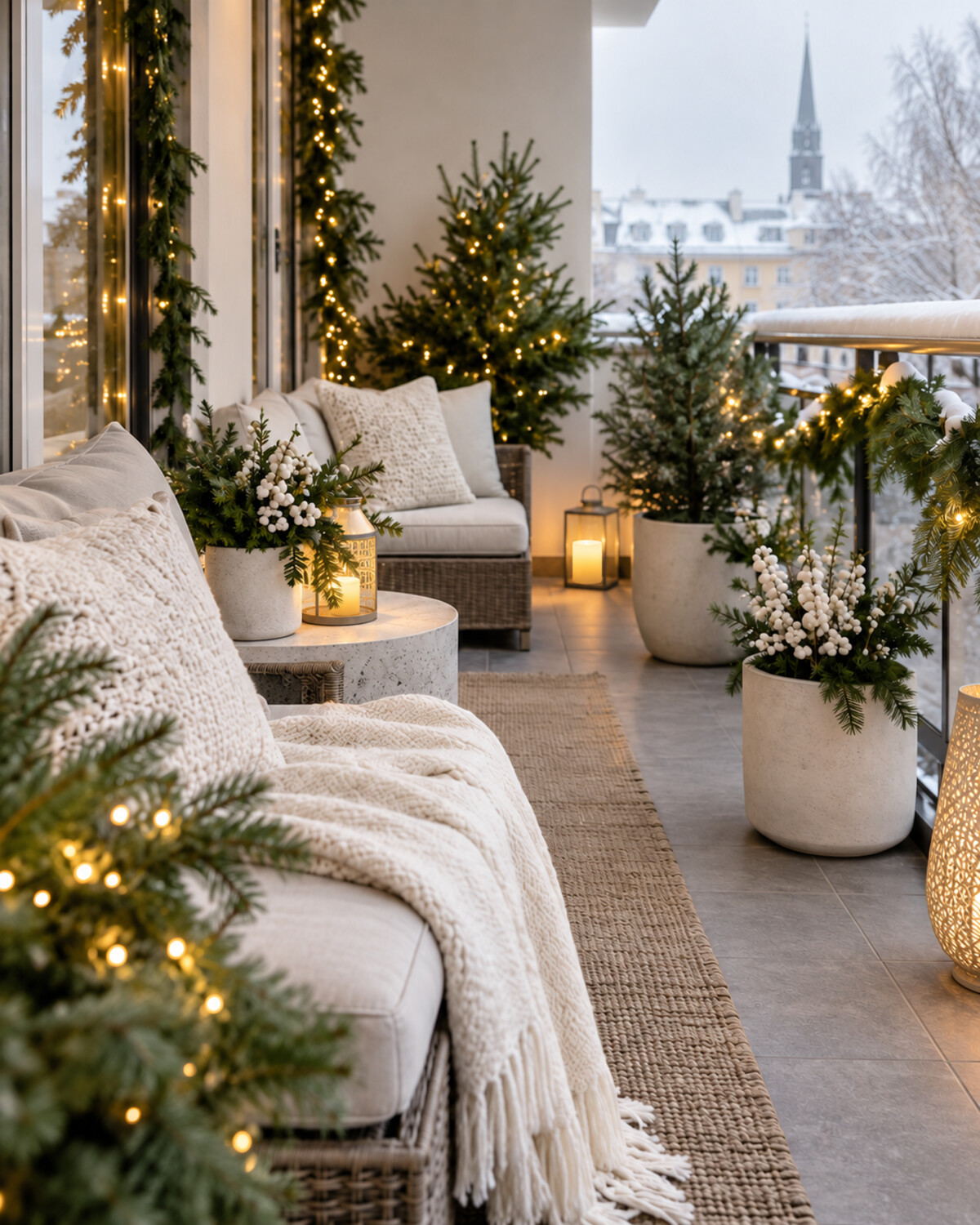 White and cream outdoor textiles with evergreen plants, white berry accents, and natural snow visible beyond a covered balcony