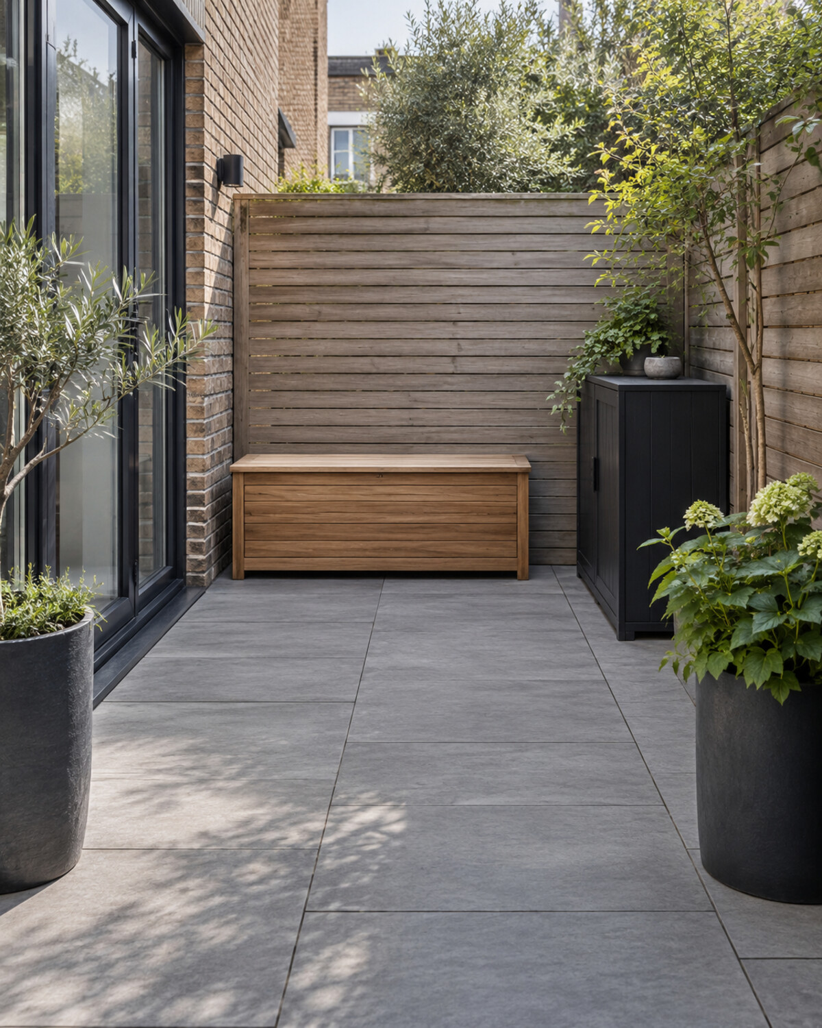 Elegant compact patio with a teak storage bench, matte-black cabinet, and restrained green plants