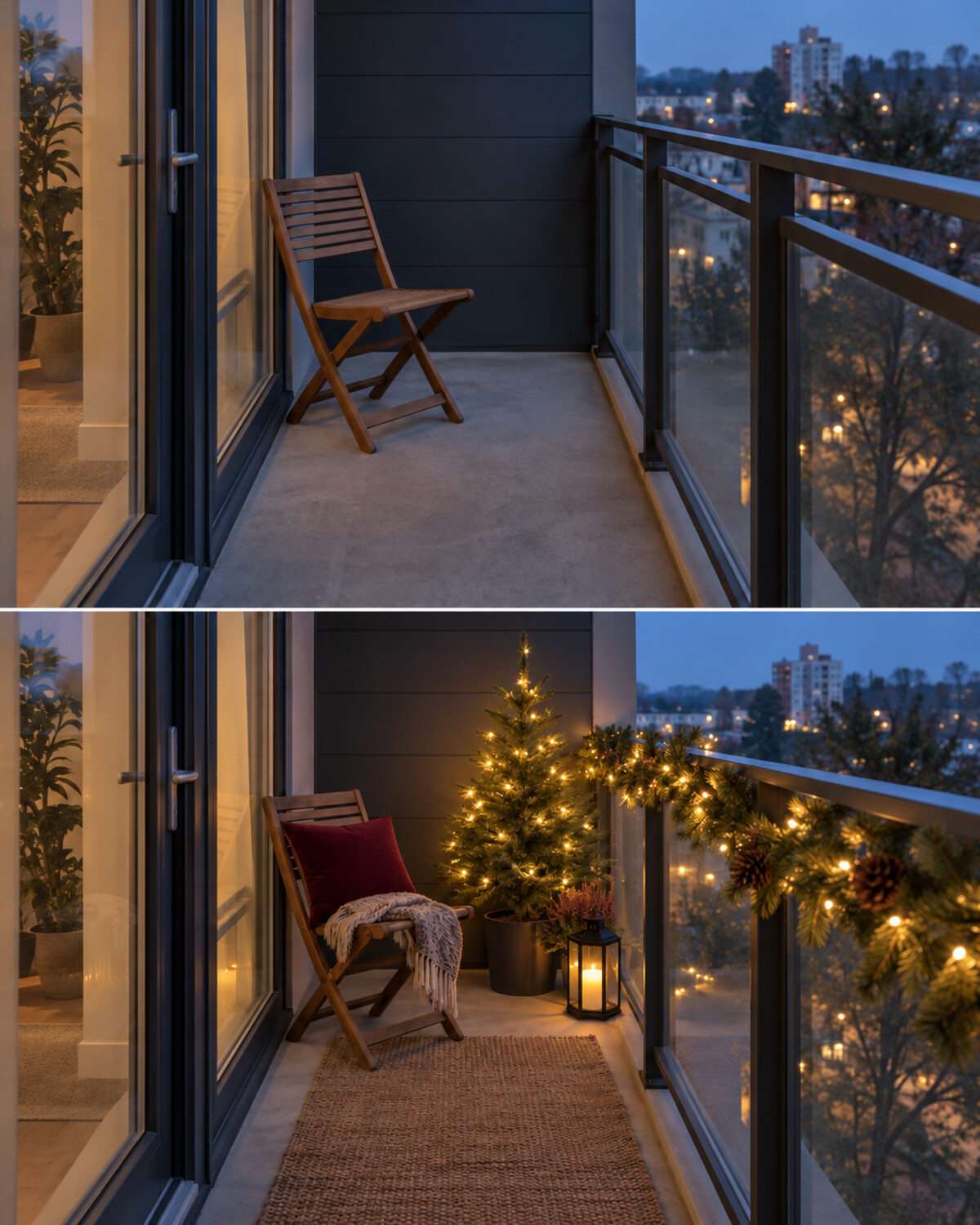 Two-panel view of the same compact balcony before decorating and after adding a slim tree, garland, lights, and a burgundy cushion