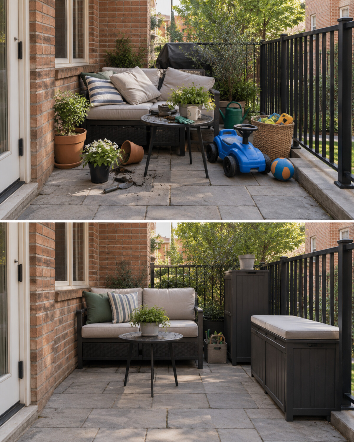 Split-view same compact patio before and after organized with a bench, cabinet, and clear walkway