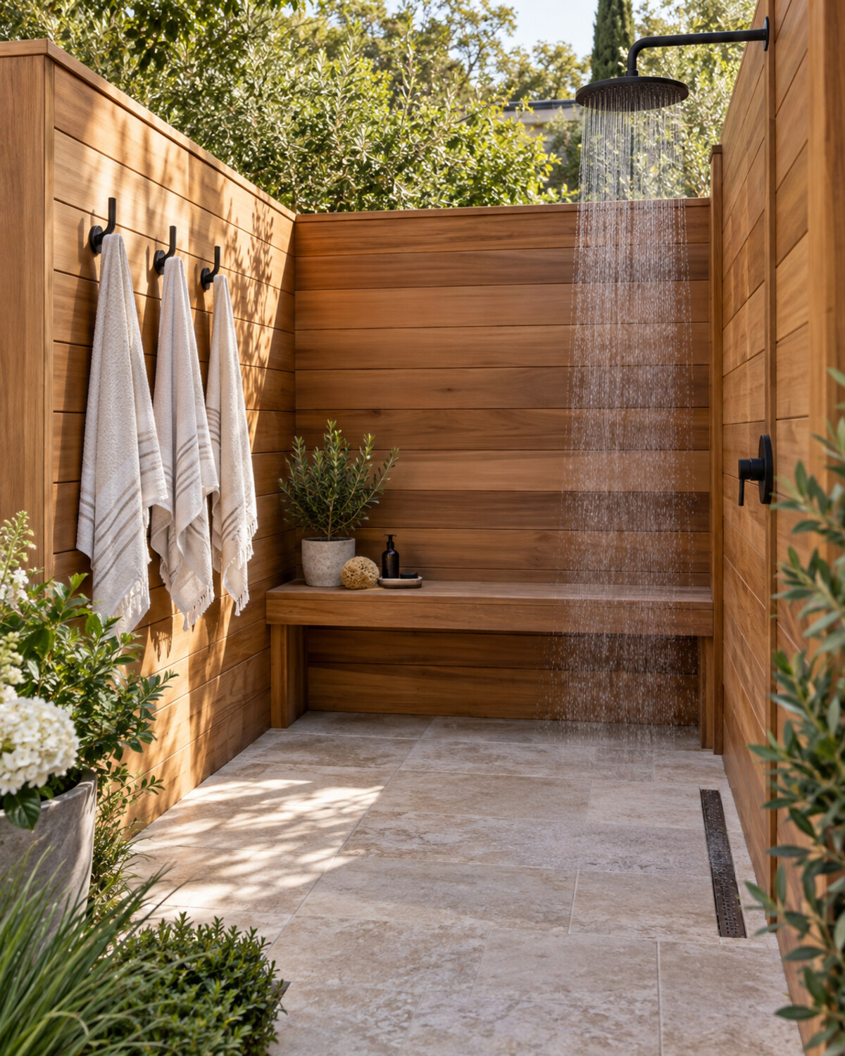 Private cedar outdoor shower enclosure with a built-in teak bench, dry towel hooks, and a stone floor