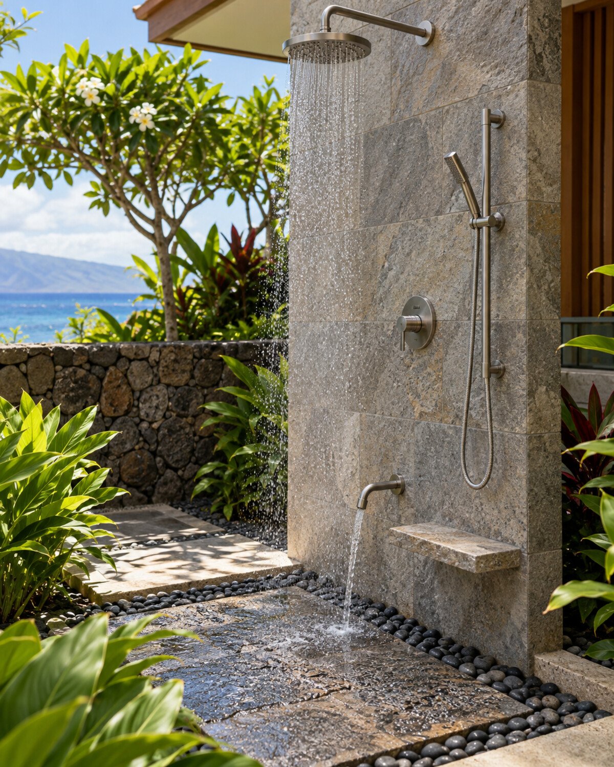 Outdoor shower wall with a rain head, low foot-rinse spout, hand shower, small ledge, and stone standing pad
