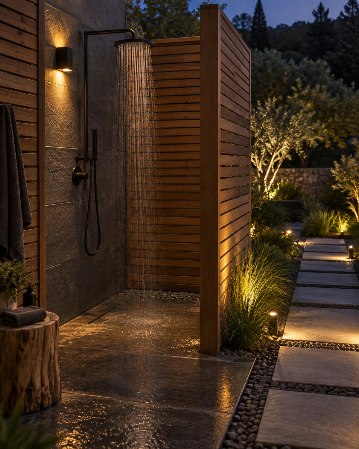 Evening outdoor shower with shielded warm lighting, a softly lit path, cedar screen, and dark garden beyond