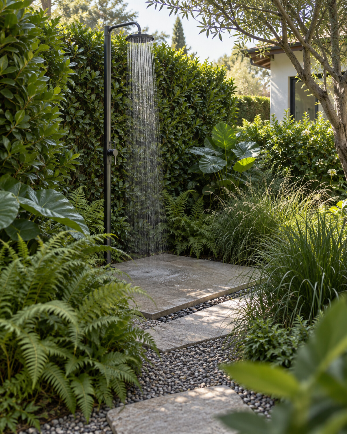 Garden outdoor shower screened by layered evergreen shrubs, ferns, grasses, and broad-leaf plants around a stone platform