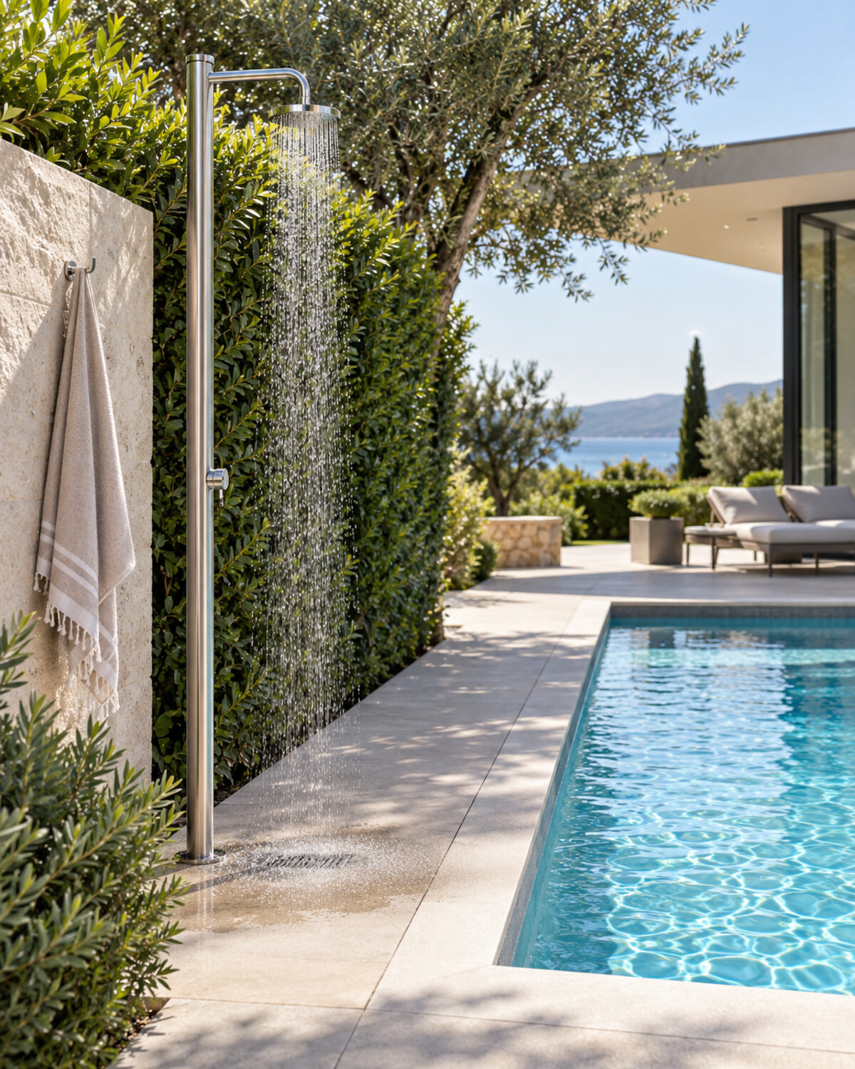 Simple poolside rinse shower on pale paving with a stainless fixture, towel hook, hedge, and swimming pool