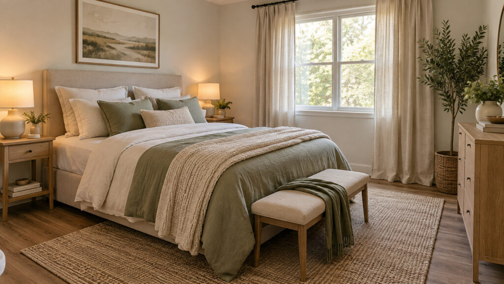 Rental bedroom styled with a freestanding headboard, layered bedding, an area rug, plug-in lighting, and movable storage