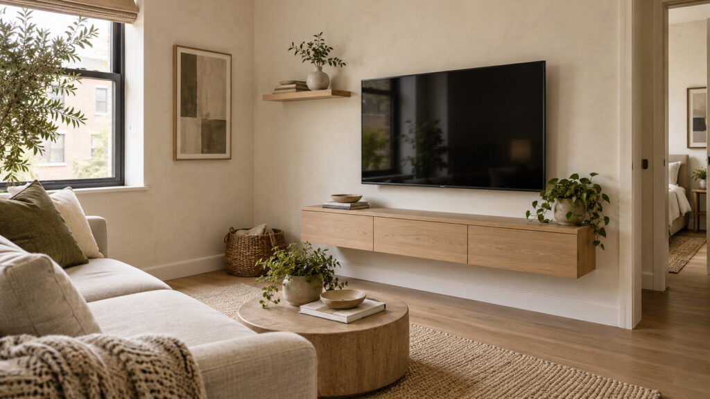 Small living room with a wall-mounted TV, slim floating oak console, concealed cords, and a short asymmetrical shelf