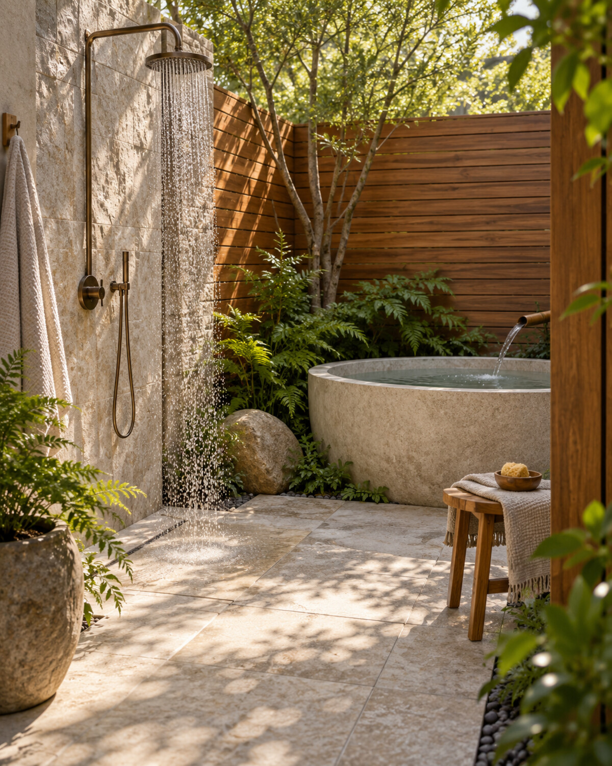 Serene outdoor shower beside a compact soaking tub, timber screen, pale stone paving, ferns, and a teak stool
