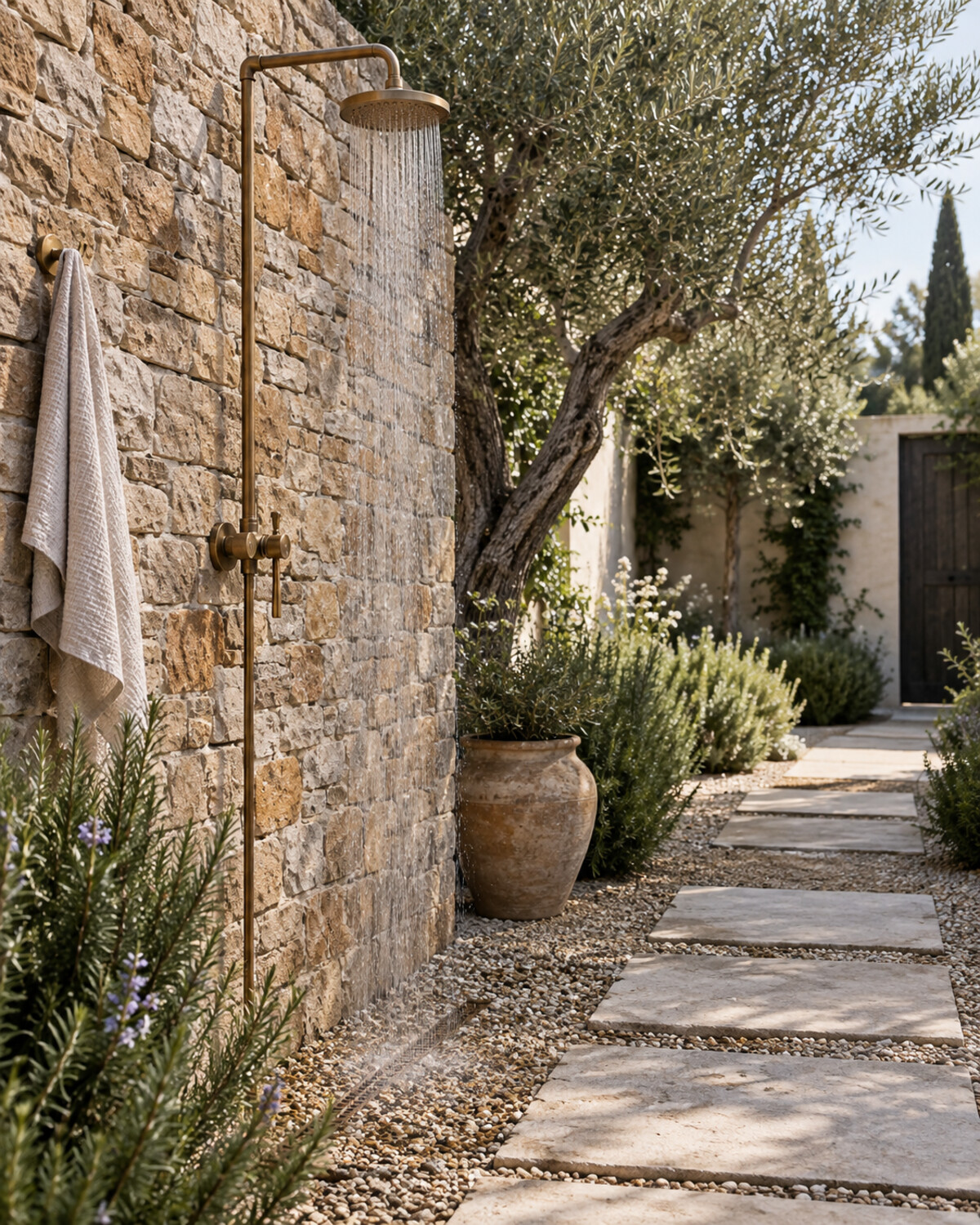 Aged brass outdoor shower mounted on a warm stone garden wall with gravel drainage and Mediterranean planting