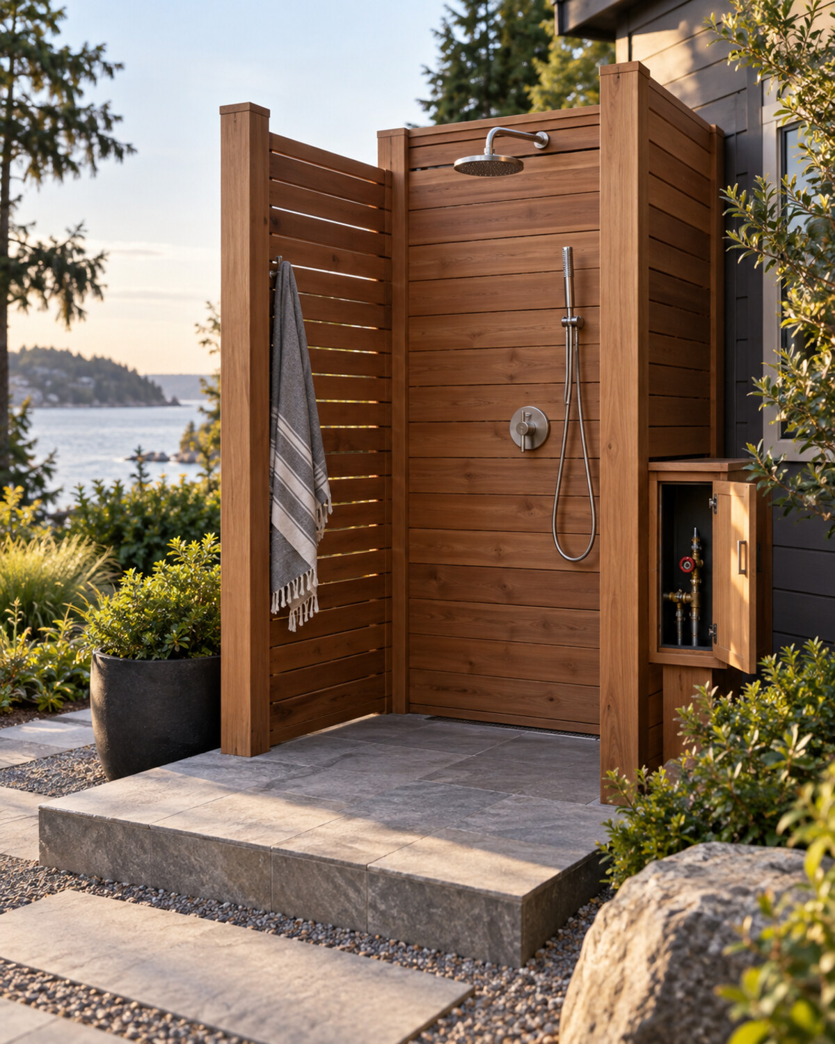 Modern outdoor shower with an accessible shutoff cabinet, removable hand shower, cedar screen, and stone platform