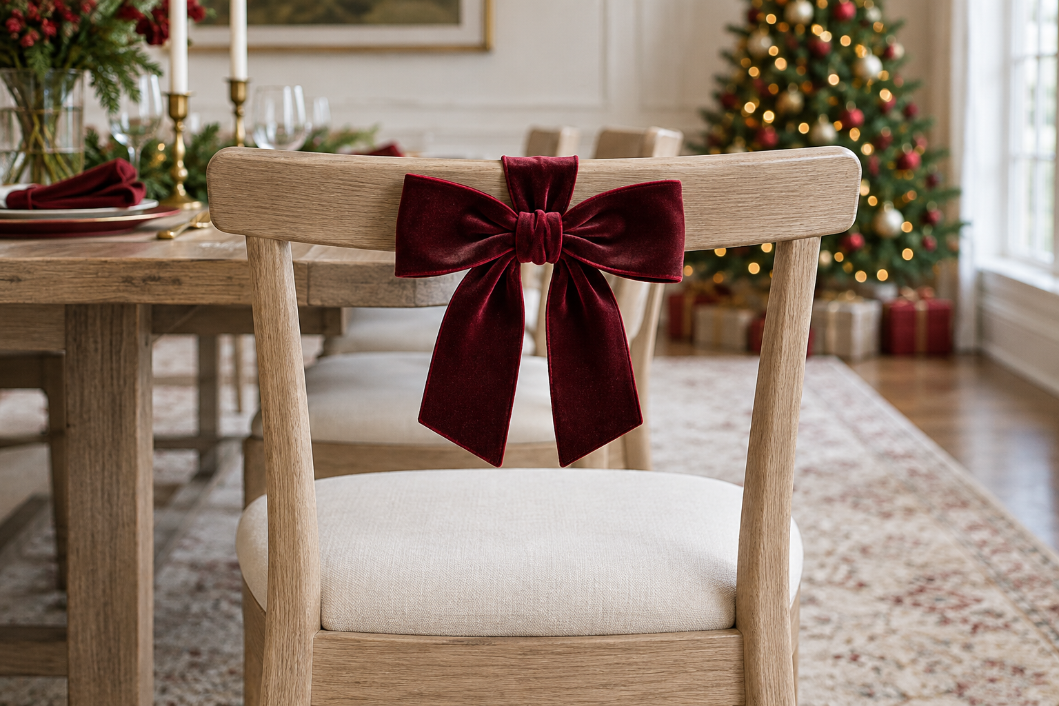 Burgundy velvet bow tied around the top rail of a pale wood dining chair with a cream seat.