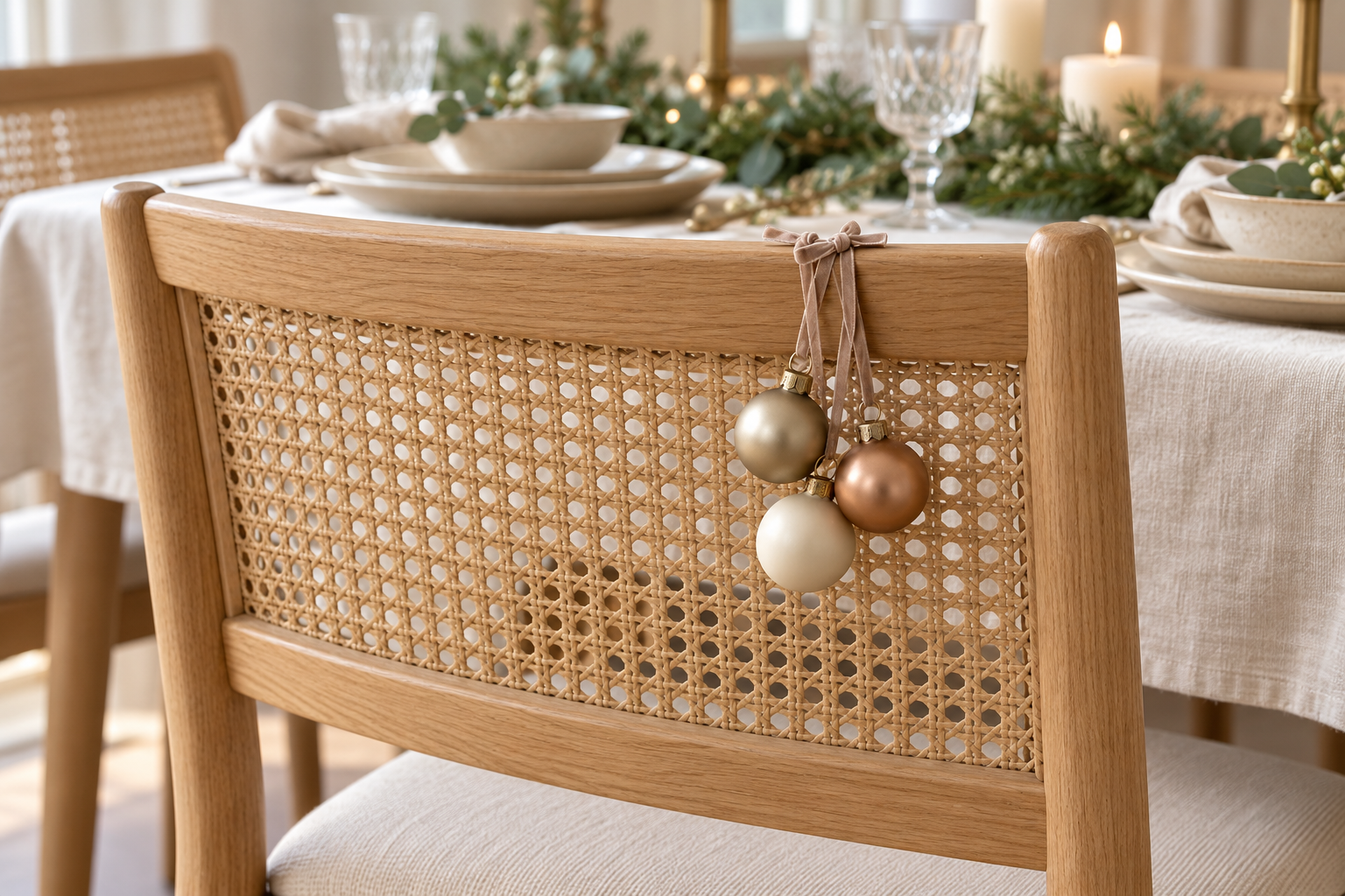Champagne, copper, and warm white ornaments hanging from taupe ribbons on a cane-back oak chair.