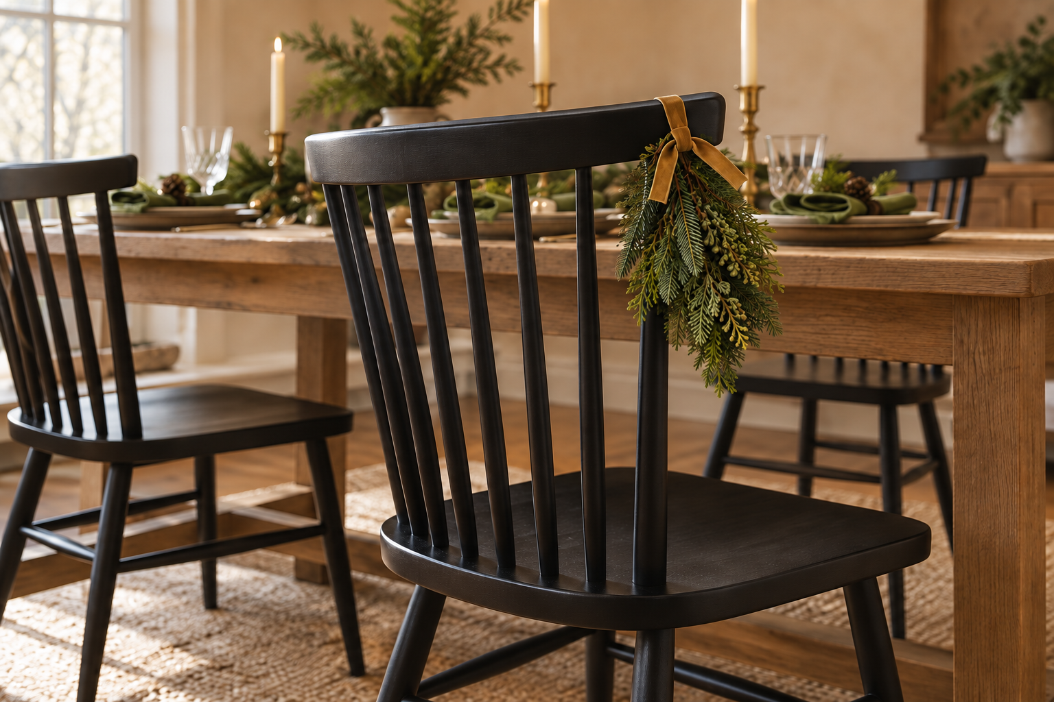 Compact evergreen swag tied with ochre ribbon to the upper corner of a black spindle dining chair.