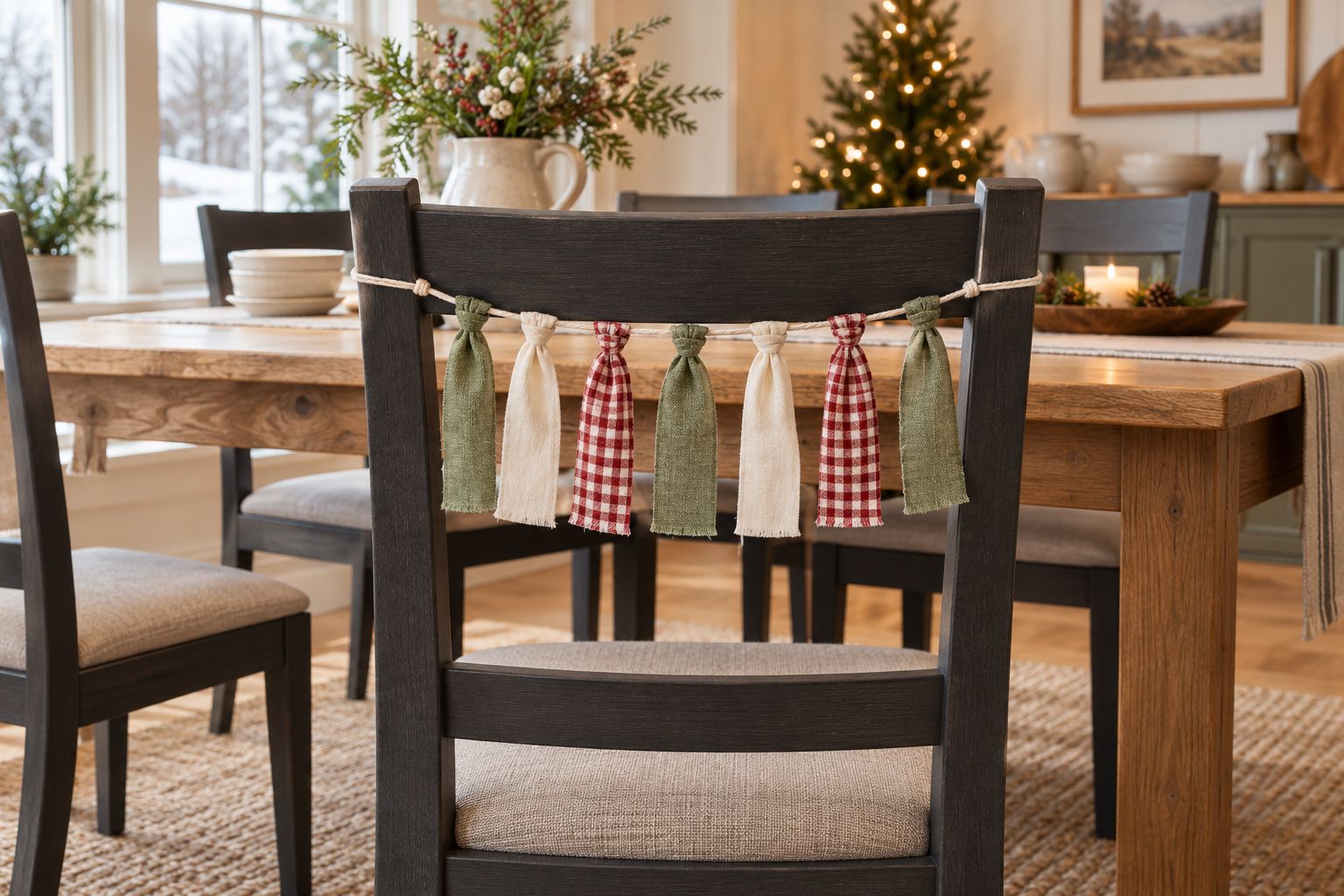 Ivory, green, and red gingham fabric strips knotted along a cord across a charcoal dining chair.