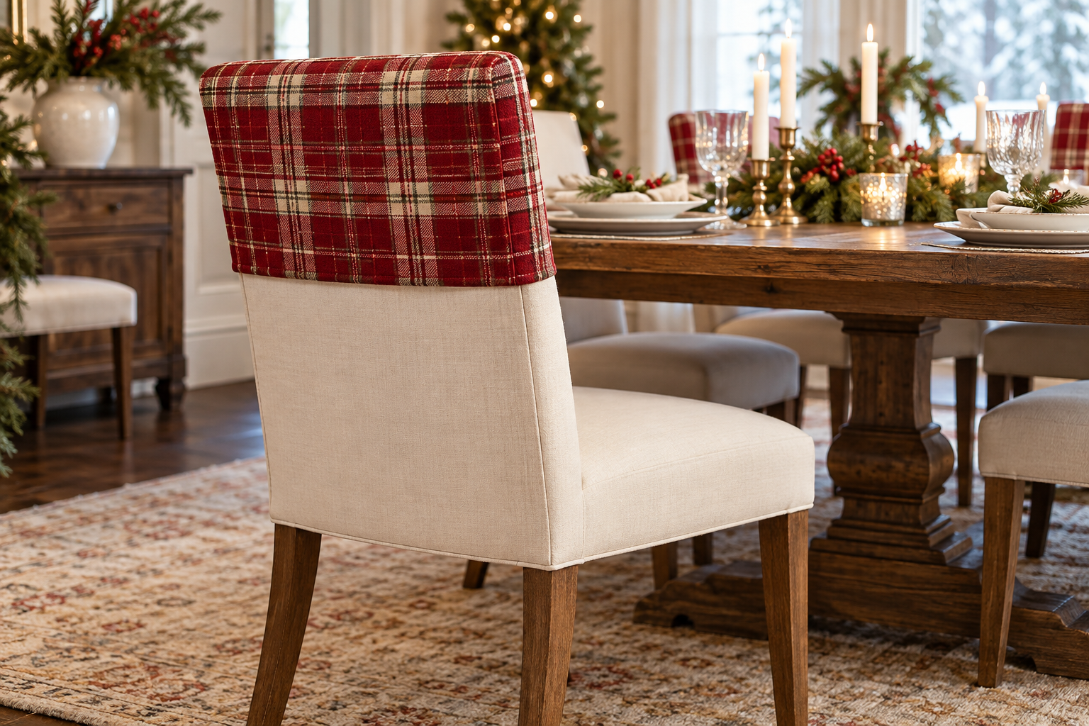 Red-and-cream plaid cap fitted over the top of a cream upholstered dining chair.
