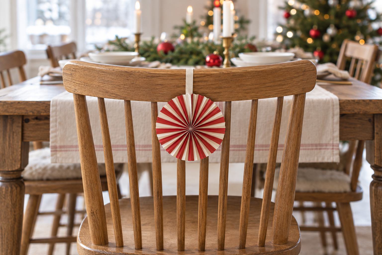 Red-and-cream pleated paper rosette hanging from an ivory ribbon on an oak spindle chair.