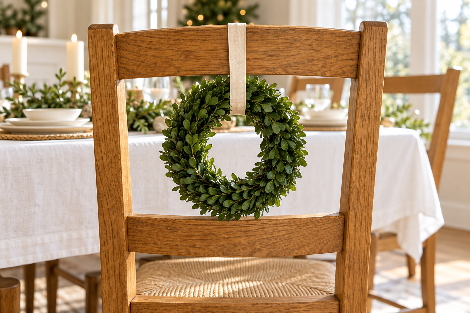 Small boxwood wreath hanging from an ivory ribbon inside the open back of an oak dining chair.