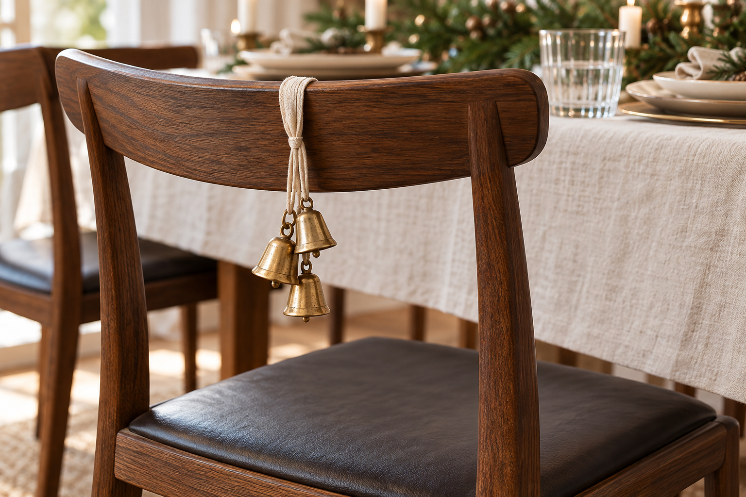 Three brass-toned bells suspended from an ivory cotton loop on a dark wood dining chair.