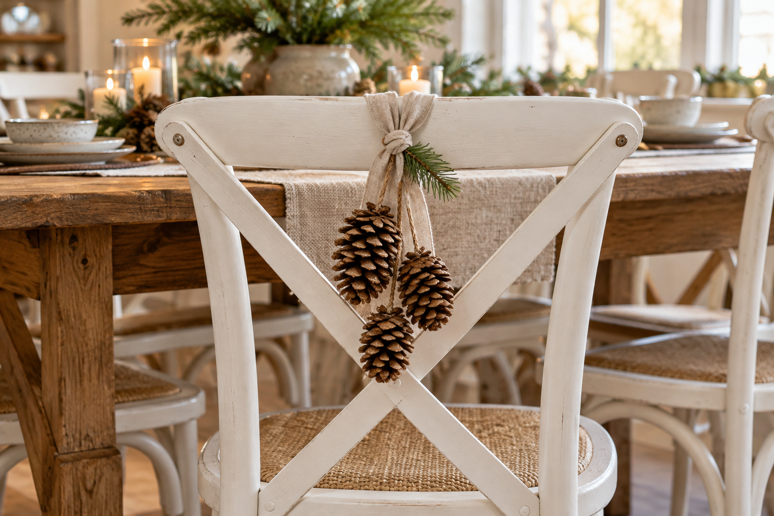 Three pinecones and a small evergreen sprig hanging from linen ribbon on a white cross-back chair.